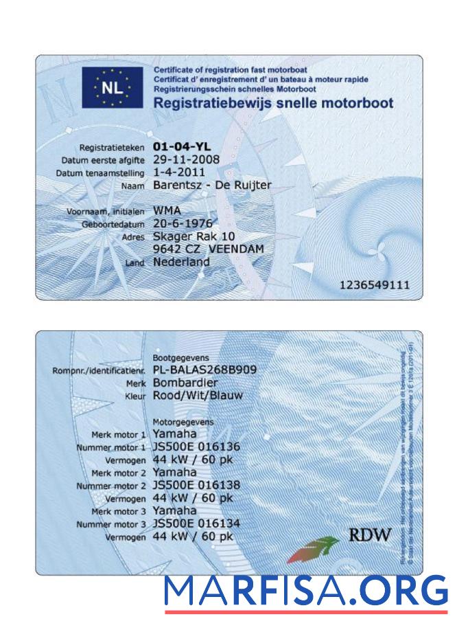 Downloadable Netherlands registration certificate fast motorboat real example